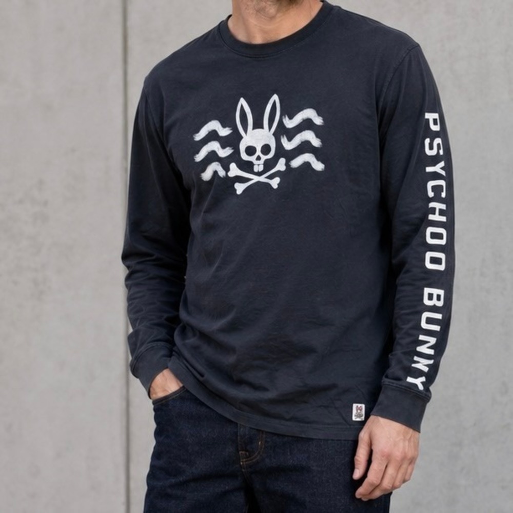 Psycho Bunny Mens Navy Blue Pima Cotton Long Sleeve Graphic Logo T-Shirt Size 8 - Picture 2 of 9